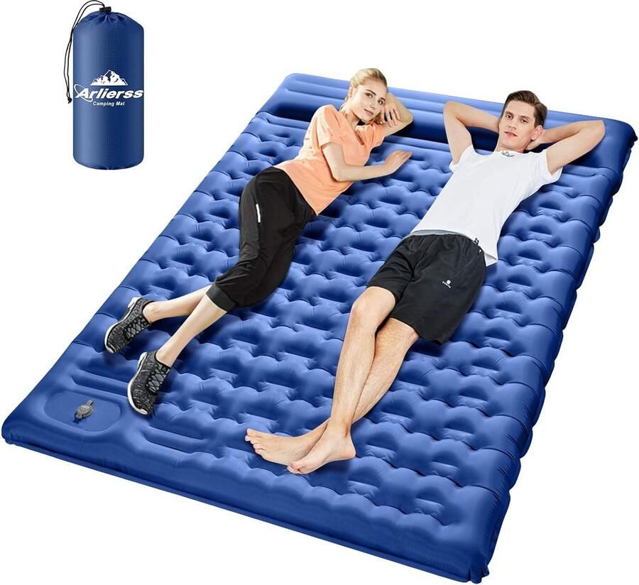 Zelfopblazende slaapmat voor 2 personen 200 x 140 cm met ingebouwde pomp verdikte slaapmat outdoor met kussen voor wandelen outdoor reizen wandelen strand blauw