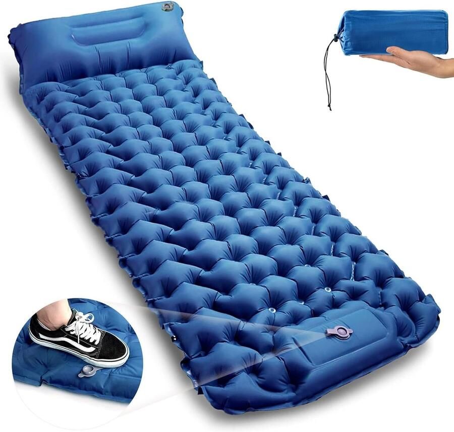 Zelfopblazende slaapmat ultralicht campingmatras met geïntegreerd kussen voor kamperen handig op te bergen ultralicht en gemakkelijk op te blazen met de geïntegreerde voetpomp
