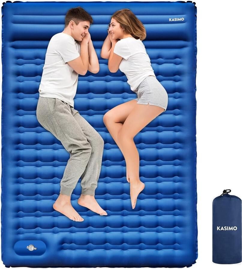 Zelfopblazende slaapmat voor 2 personen 140 x 200 cm luchtmatras camping 12 cm verdikt dubbele campingmat voor tent ultralicht met kussen blauw