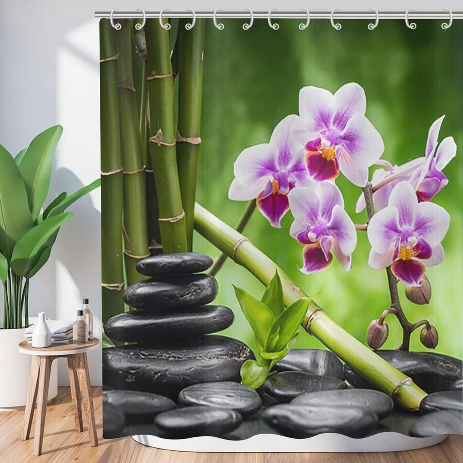 Zen Garden Douchegordijn 180 x 180 cm Spa Groen Bamboe met Paarse Bloem Waterdicht en Wasbaar Badkamer Gordijnen