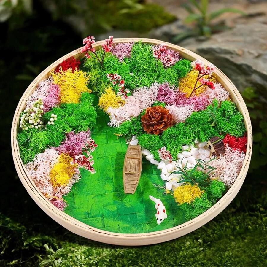 Zen garden set met DIY mos schilderij in ronde bamboe fotolijst Mini tuinset voor fotolijst decoratie