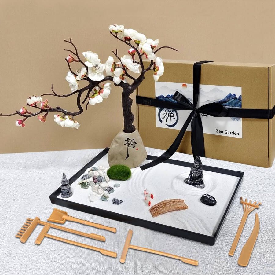 Zen-stenen Garden 30 x 20 cm Japanse Zen-tuin voor het bureau Mini Zen Tuin Mini Meditatie Rock en zand Zen-Ornament Kantoorornament