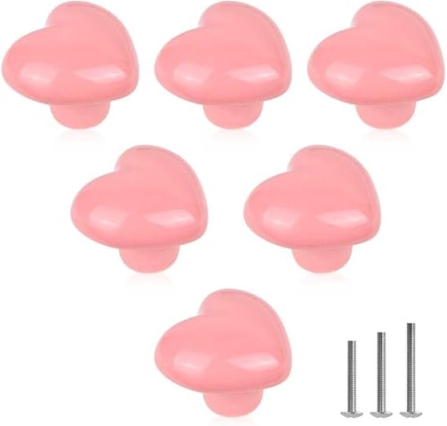 Zes Schattige Hartvormige Keramische Ladeknoppen Roze Deurgrepen voor Kast Keuken Babykamer en Kledingkast
