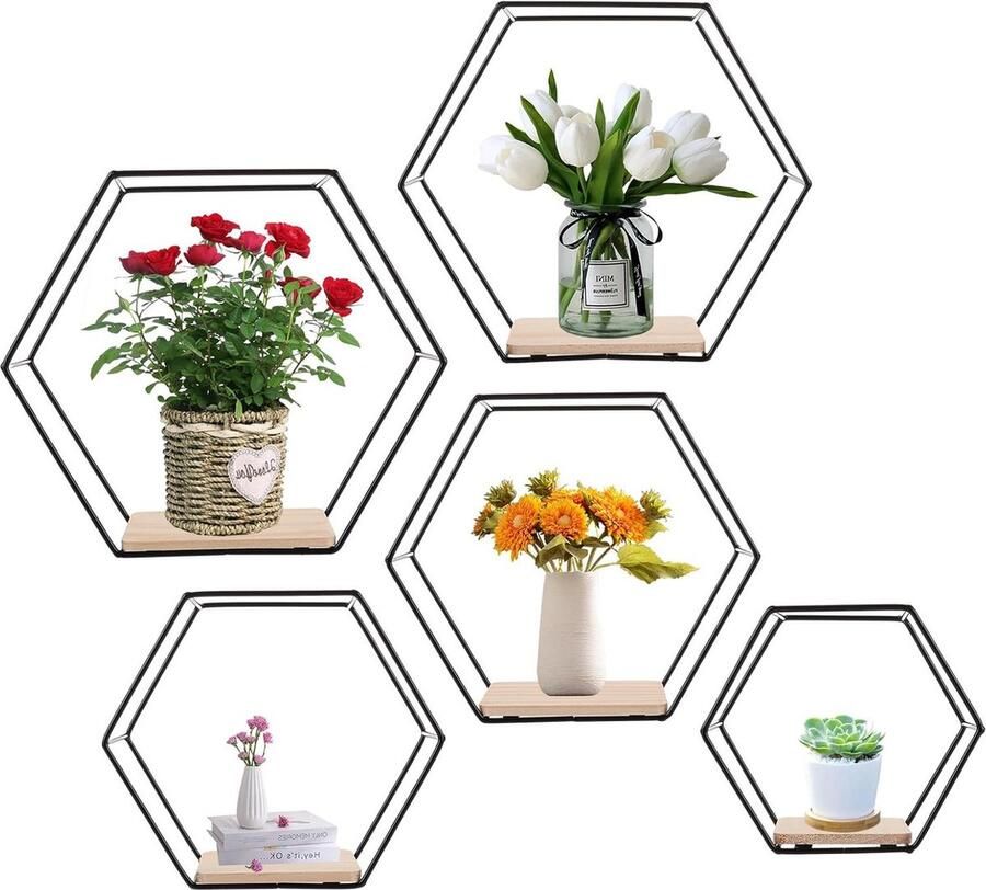 Zeshoekig Metaal Zwevend Rek Decoratief Wandrek voor Interieurs 5-delige Set Zwart Metaal