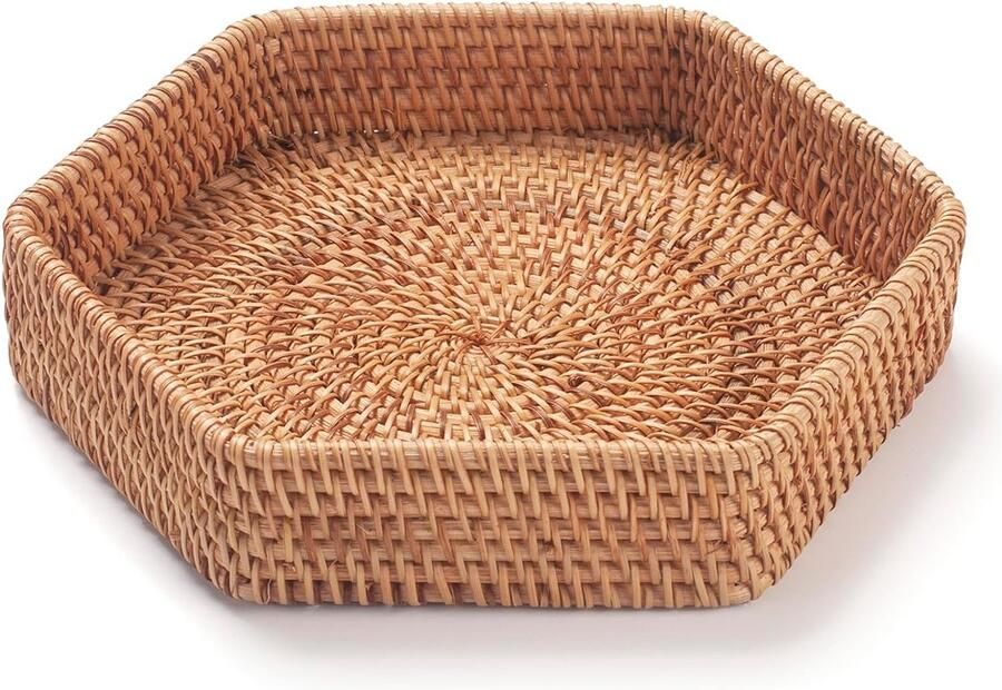 Zeshoekig rotan dienblad voor salontafel geweven decoratieve mand dienbladen voor Ottomaanse natuur (22 cm x 4 5 cm)