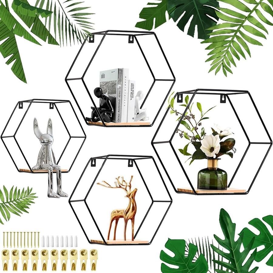 Zeshoekig Wandrek 4 Stuks met Houten Voet Decoratief Hangrek voor Slaapkamer en Woonkamer hexagon shelves