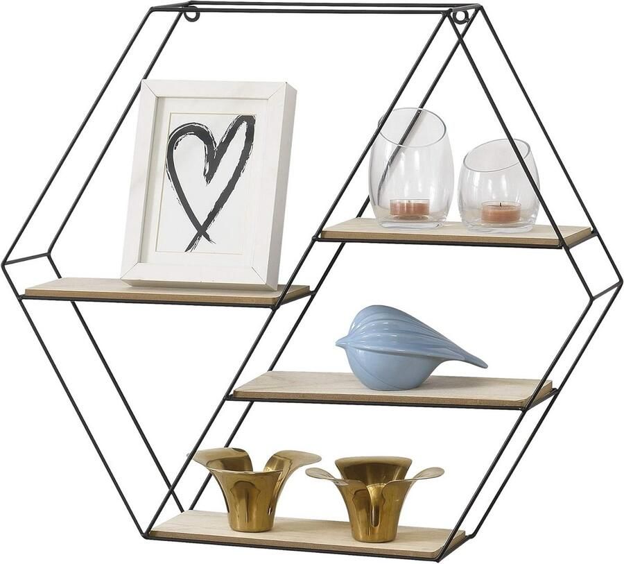 Zeshoekig Wandrek met 4 Planken 62x12x53 cm Zwart en Houtkleurig