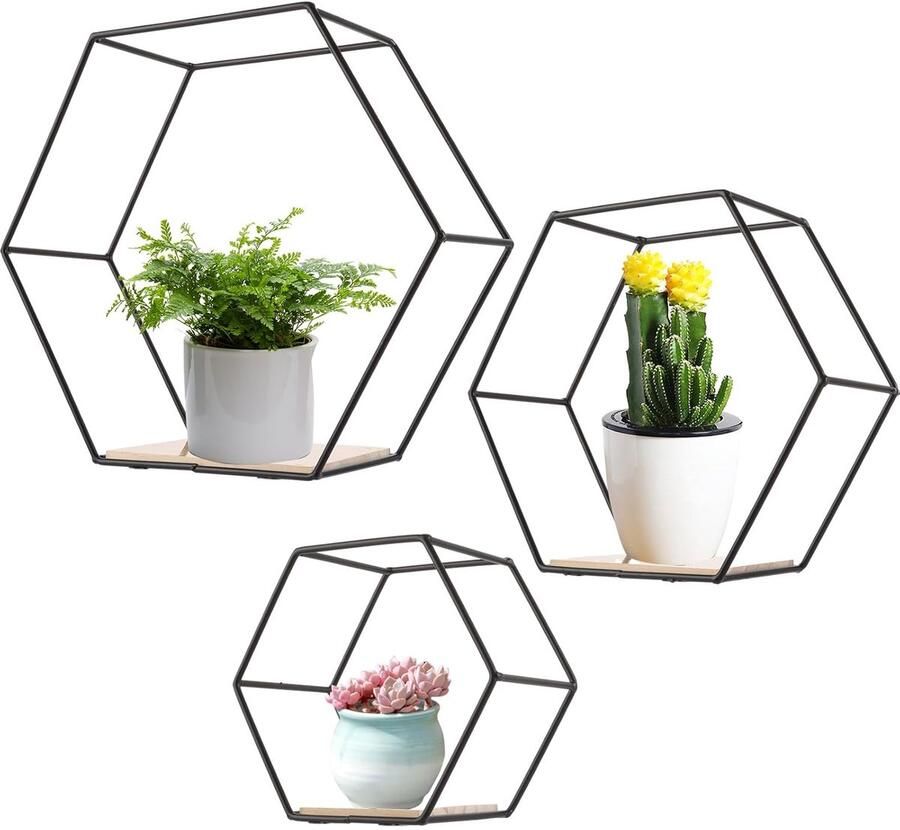 Zeshoekig wandrek set van 3 zwart metaal en hout