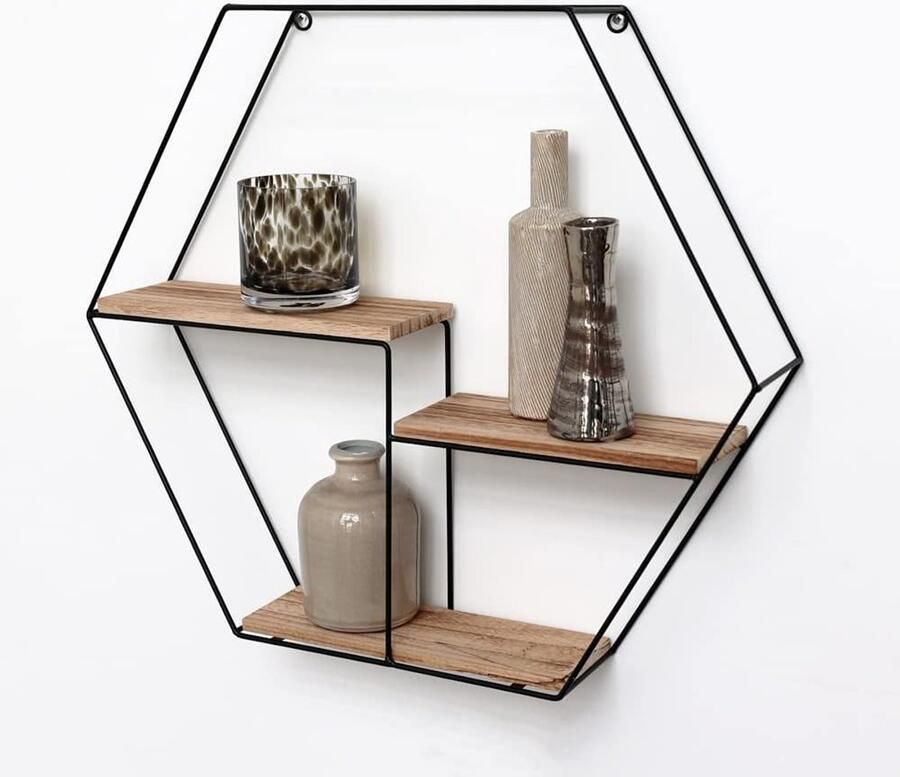 Zeshoekig Zwart Metalen Wandrek met 3 Houten Planken Perfecte Wanddecoratie voor Woonkamer Slaapkamer en Kinderkamer