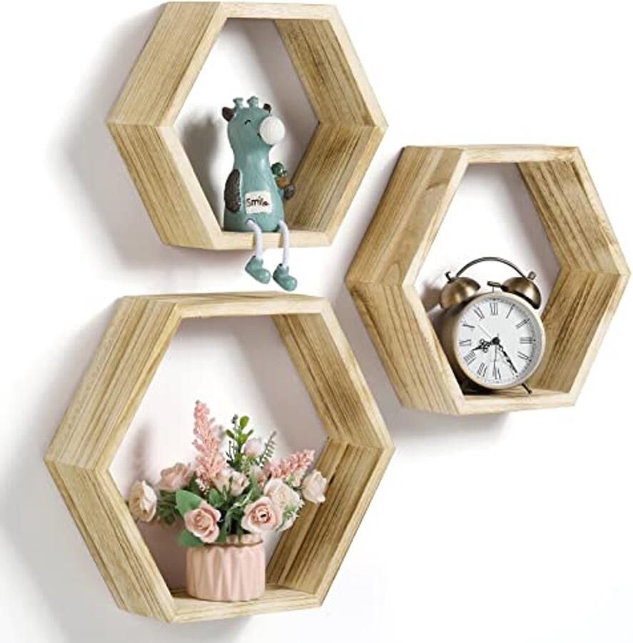 Zeshoekige drijvende wandplanken set van 3 Houten honingraat muurdecoratie voor woonkamer en slaapkamer