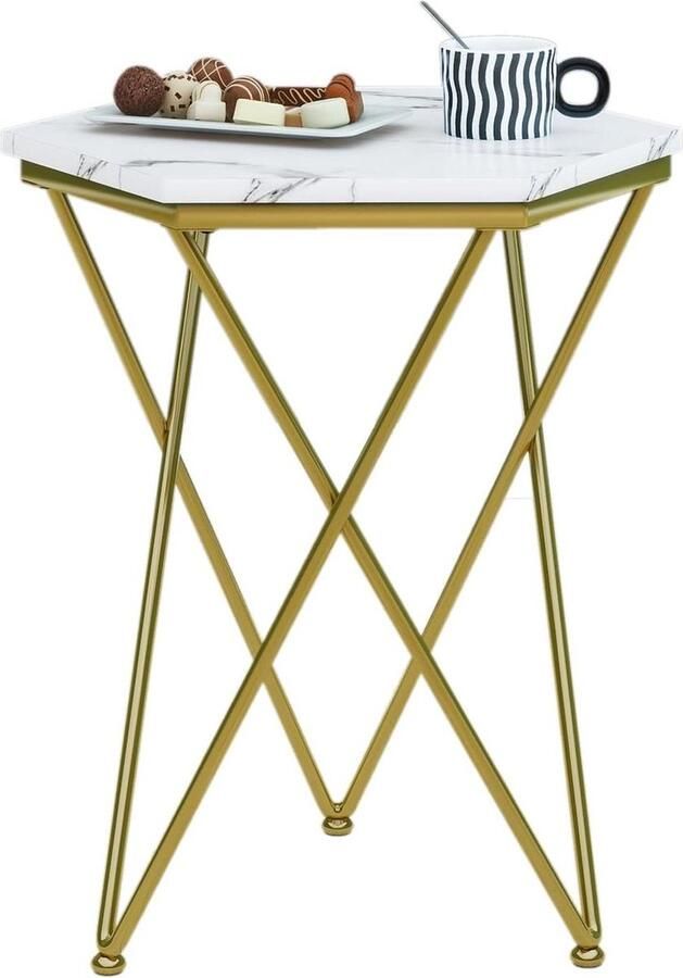 Zeshoekige metalen salontafel sofa theetafel met imitatie marmeren paneel bijzettafel voor woonkamer slaapkamer kantoor wit