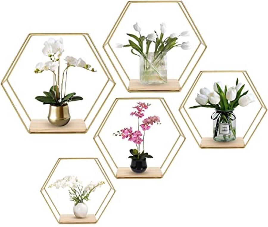 Zeshoekige Metalen Wandplanken Set van 3 Gouden Decoratie voor Woonkamer Slaapkamer Badkamer