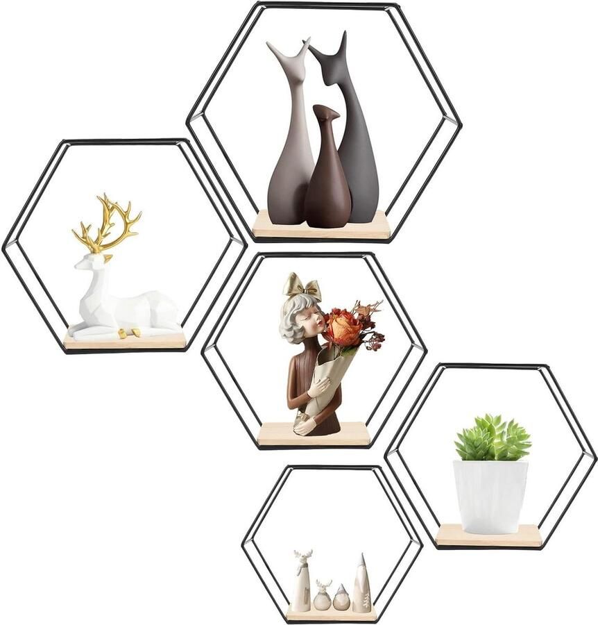 Zeshoekige ijzeren wandplanken set van 5 voor keuken badkamer woonkamer slaapkamer kantoor zwevend metaal plantendisplay boeken zwart Wandplanken & -rekken