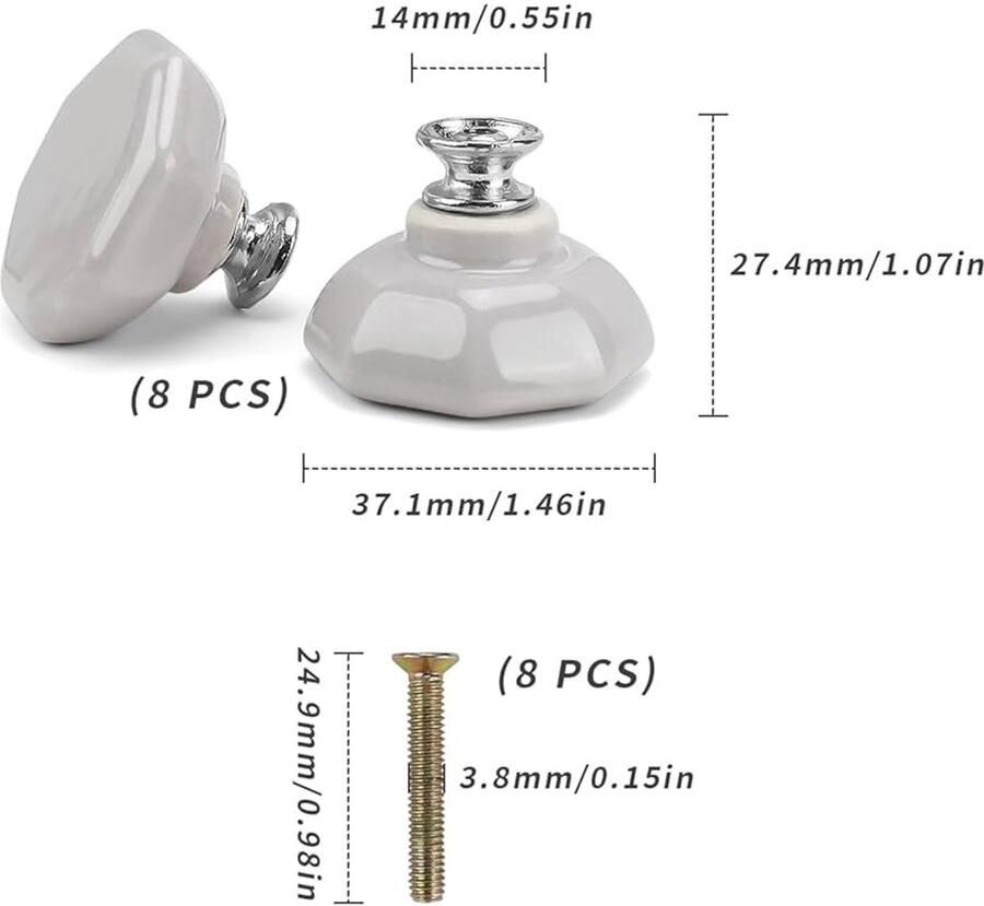 Zeshoekige meubelknop grijs porselein set van 8 zinklegering
