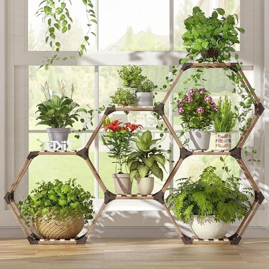 Zeshoekige Plantenstandaard voor Binnen en Buiten Creatief Doe-Het-Zelf Plantenrek voor Ramen Woonkamer Balkon Tuin Kantoor 7 Verdiepingen 141 x 25 x 97 cm hexagon shelves