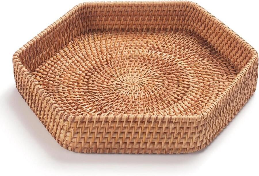 Zeshoekige rotan dienblad voor salontafel geweven decoratieve mandladen Ottomaanse natuurlijke stijlvol (248 x 5 cm) - Foto 2