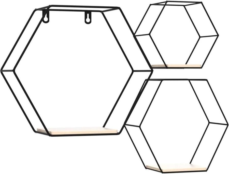 Zeshoekige wandplank set industrieel design 3 stuks zwart metaal