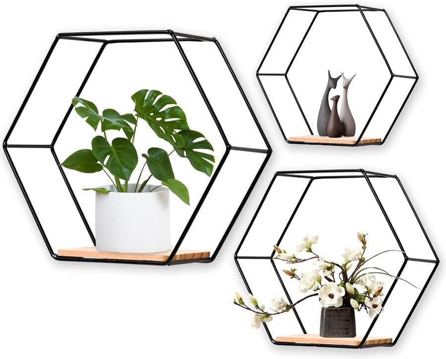 Zeshoekige Wandplank Wandopslag Organiser Zwart Metaal en Hout