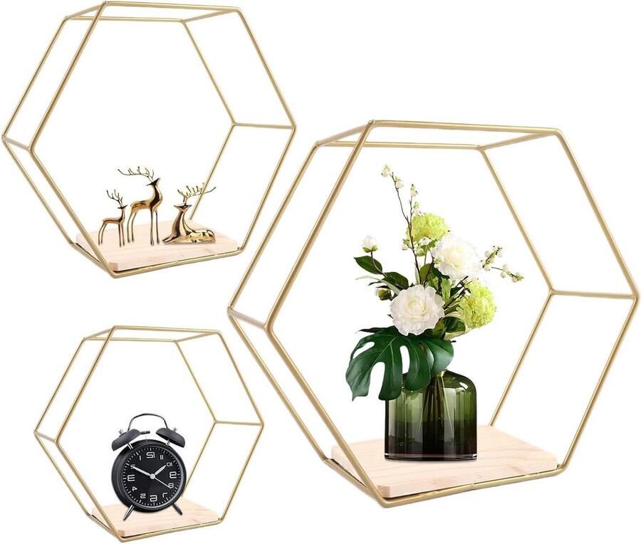 Zeshoekige Wandplanken Goud 3 Maten Metaal en Hout Woonkamer Werkkamer Slaapkamer Hal Set van 3