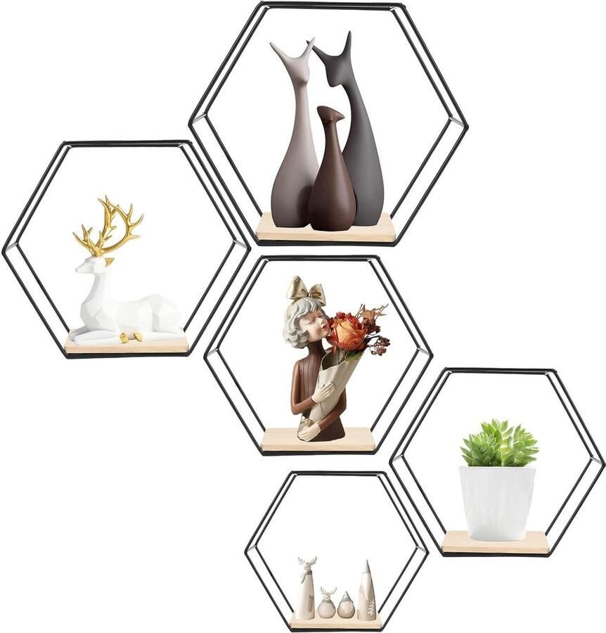 Zeshoekige Wandplanken IJzeren Wandrek 5 Stuks Zwart Metaal