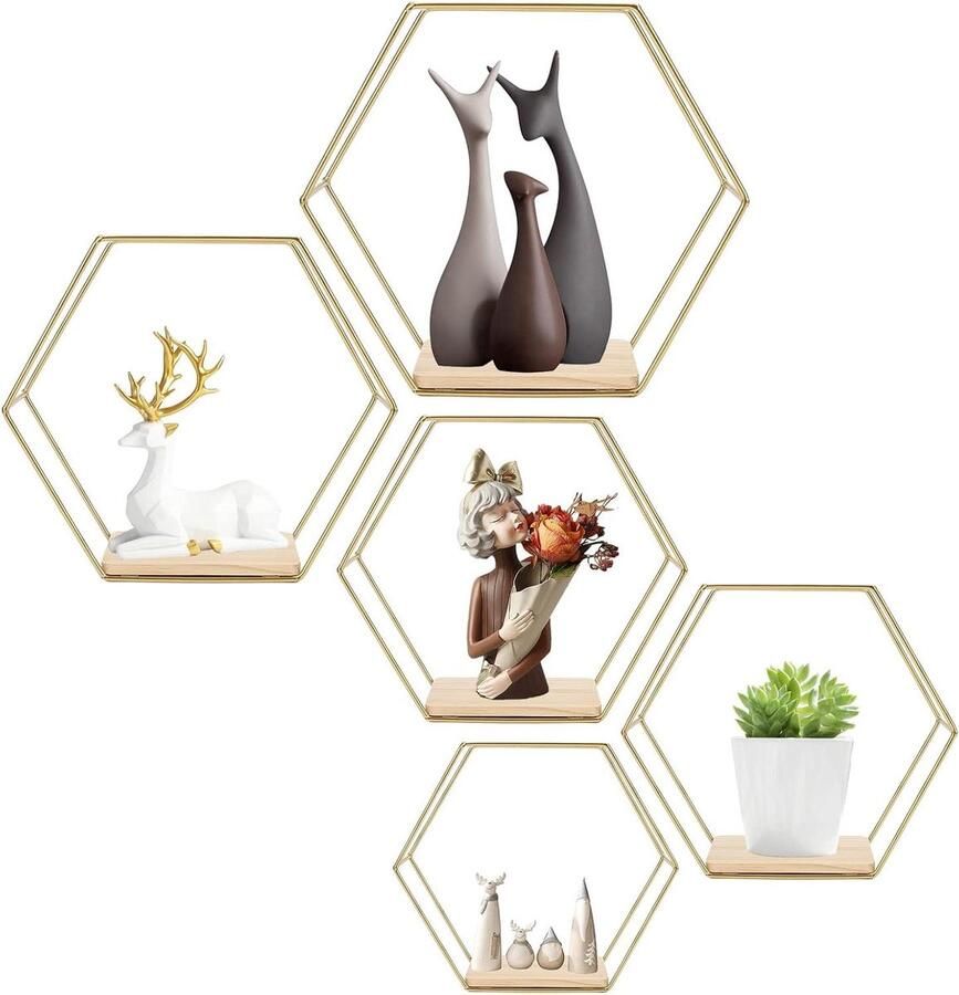 Zeshoekige wandplanken metalen opbergplanken 5 stuks goud drijfmetaal