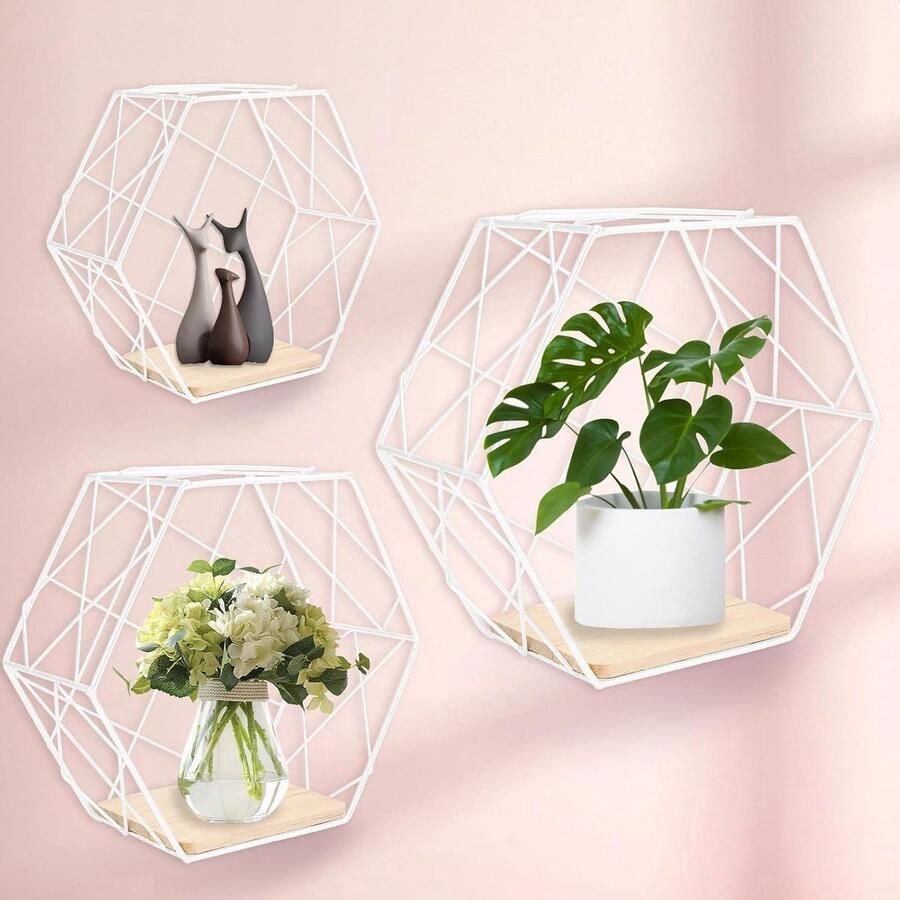 Set van 3 Zeshoekige Wandplanken Wanddecoratie 3 Stuks Wit Metaal en Hout