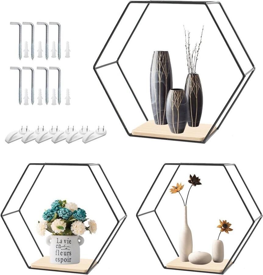 Hexagon Wandrek metaal 3-delige set wanddecoratie hangrek zwevend rek in 3 maten zeshoekige planken voor woonkamer slaapkamer badkamer hal café woning (zwart) hexagon shelves