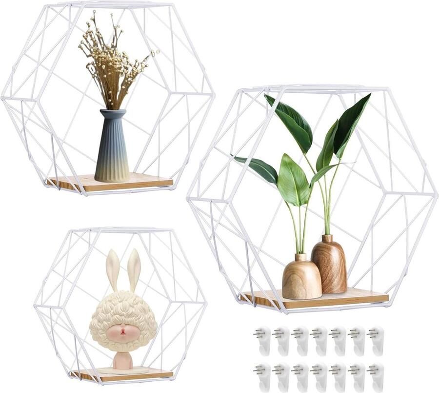 Zeshoekige wandplanken hangend metaal hout wandrek set woonkamer kantoor badkamer keuken wit Wandrek