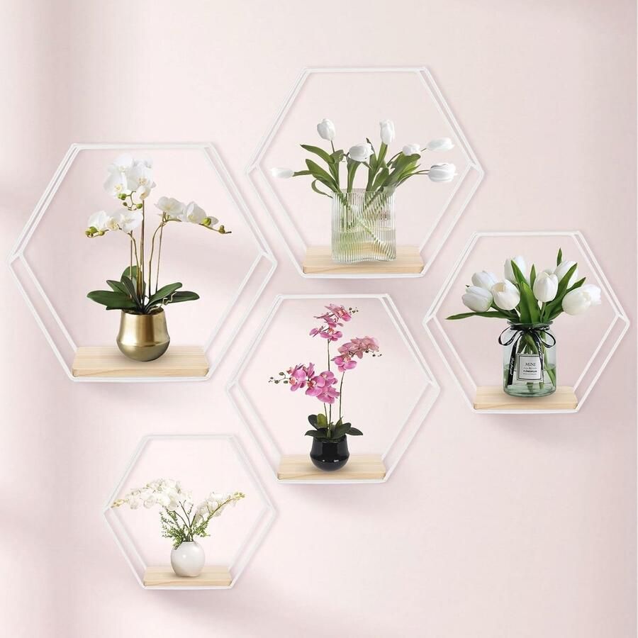 Zeshoekige Wandplanken Set van 5 Wit Metalen Wandrek voor Moderne Wanddecoratie
