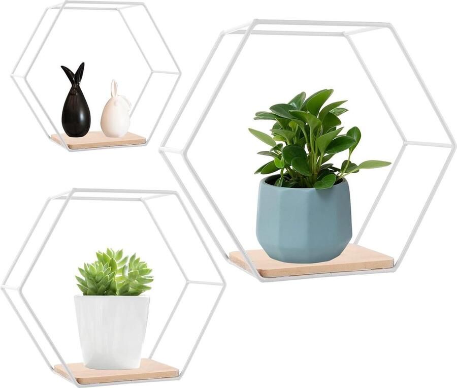 Zeshoekige wandplanken set wanddecoratie 3 stuks wit metaal