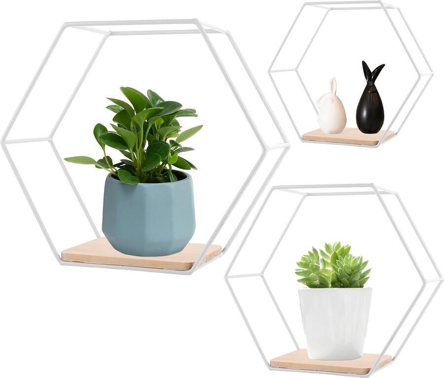 Zeshoekige wandplanken set wanddecoratie voor woonkamer 3 stuks wit metaal en hout