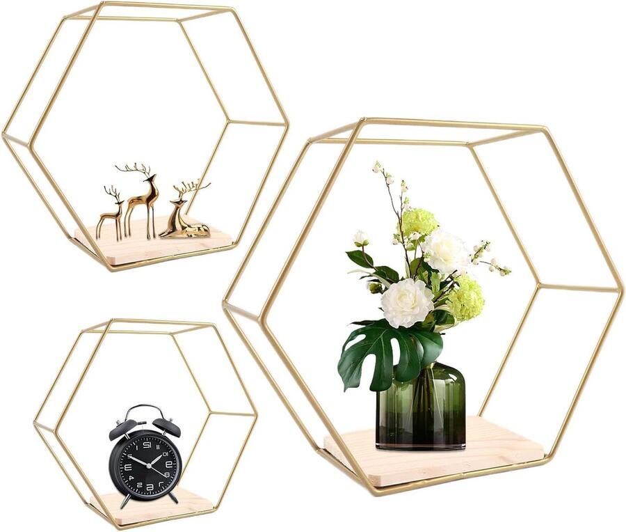 Zeshoekige wandplanken Wanddecoratie Set van 3 Goud Metaal en hout