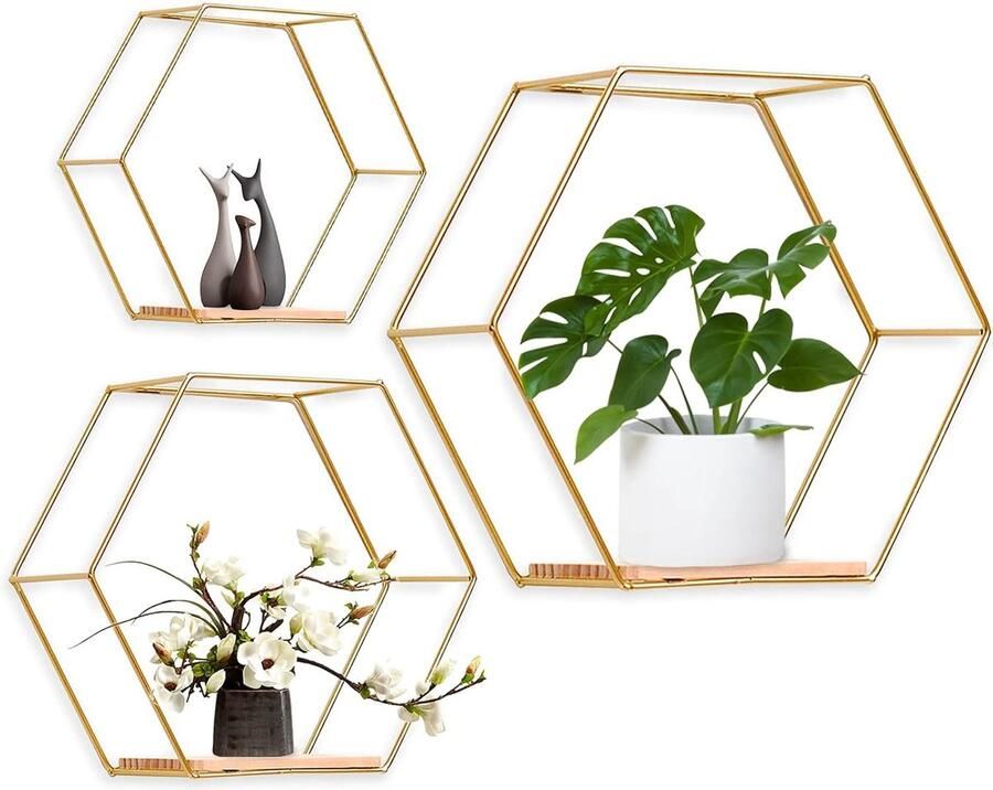 Hexagon Wandrek Wanddecoratie 3-delige set Goud Hout en Metaal