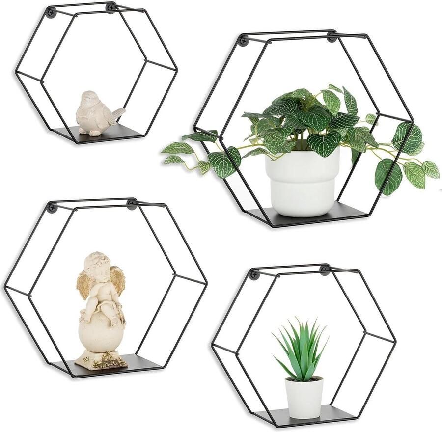 Zeshoekige wandrek 4-delige set zwevend rek moderne wanddecoratie esthetische wandrek plantenrek interieuraccessoires Wandrek