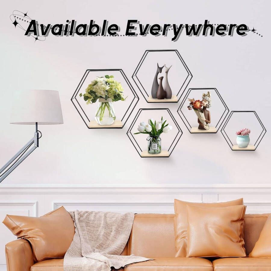 Zeshoekige wandrek hangrek metaal en hout zwevend rek wandopslag organizer voor keukenrek badkamer slaapkamer wanddecoratie