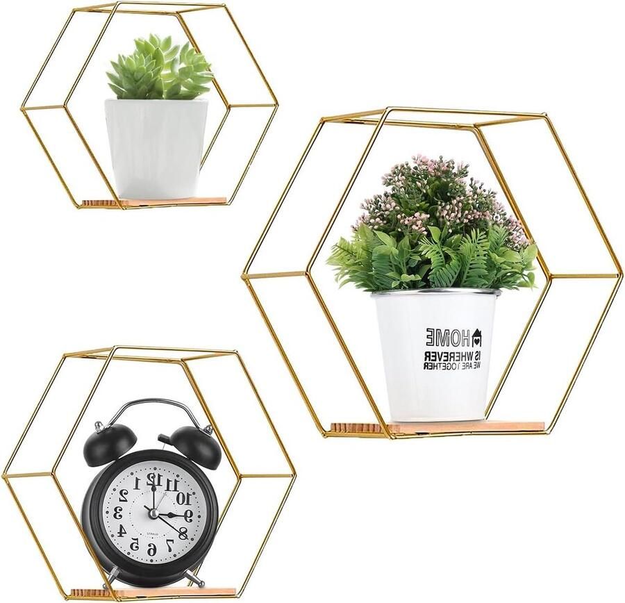 Zeshoekige wandrekken van metaal zonder boren Set van 3 Woonkamer wandrek hangrek muur (goud)