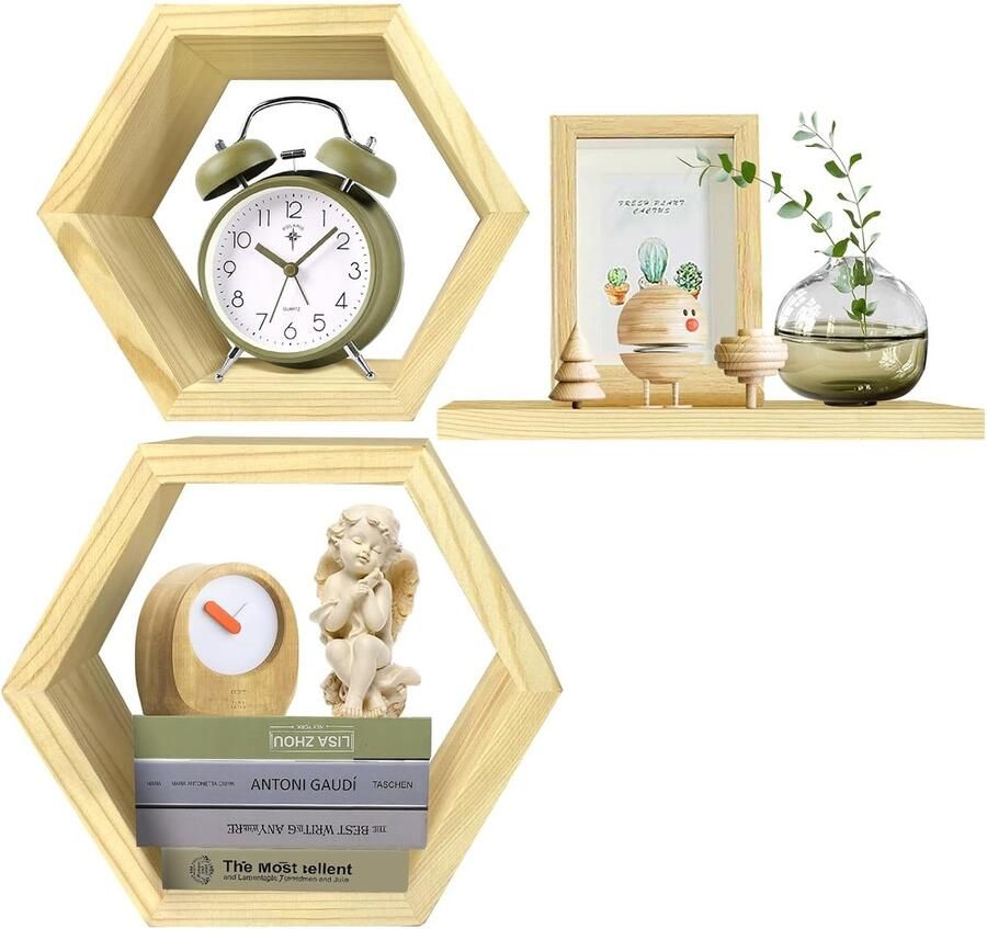 Zeshoekige Zwevende Planken Multifunctioneel Set van 3 Houtlook