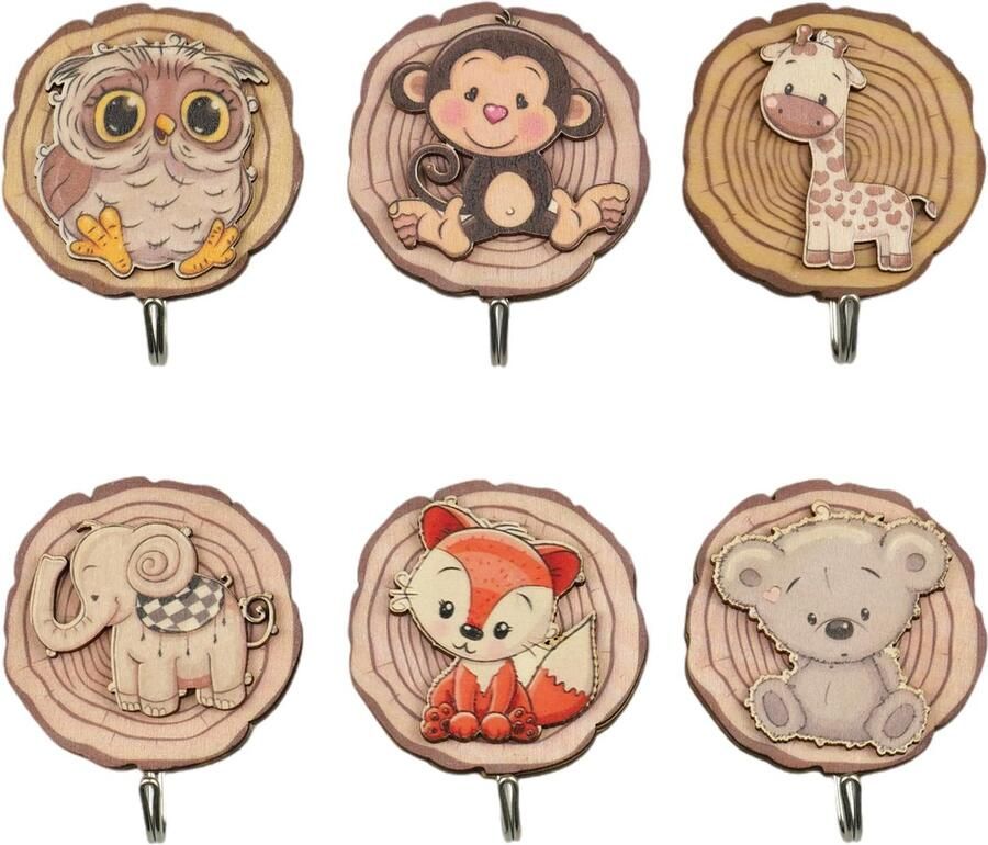 Zfseyuh 6 stuks kinderkapstok zelfklevende kapstokhaken van hout in diervorm wandhaken kinderen zonder boren dier voor kapstokhaken kinderwanddecoratie