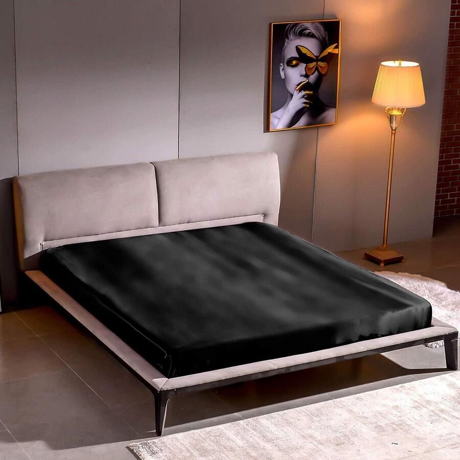 Furnibella Zijden Hoeslaken 180x200 cm Gemaakt van 100% Pure 22 Momme Moerbeizijde Luxe Zwart Bedlaken Geschikt voor Matrassen tot 30 cm Hoog