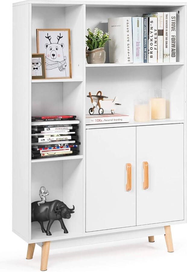 Zijkast met dubbele deuren & 3 planken & 4 poten vrijstaand houten rek boekenkast voor studeerkamer woonkamer badkamer commode van massief hout met legplank 80 x 24 x 119 cm