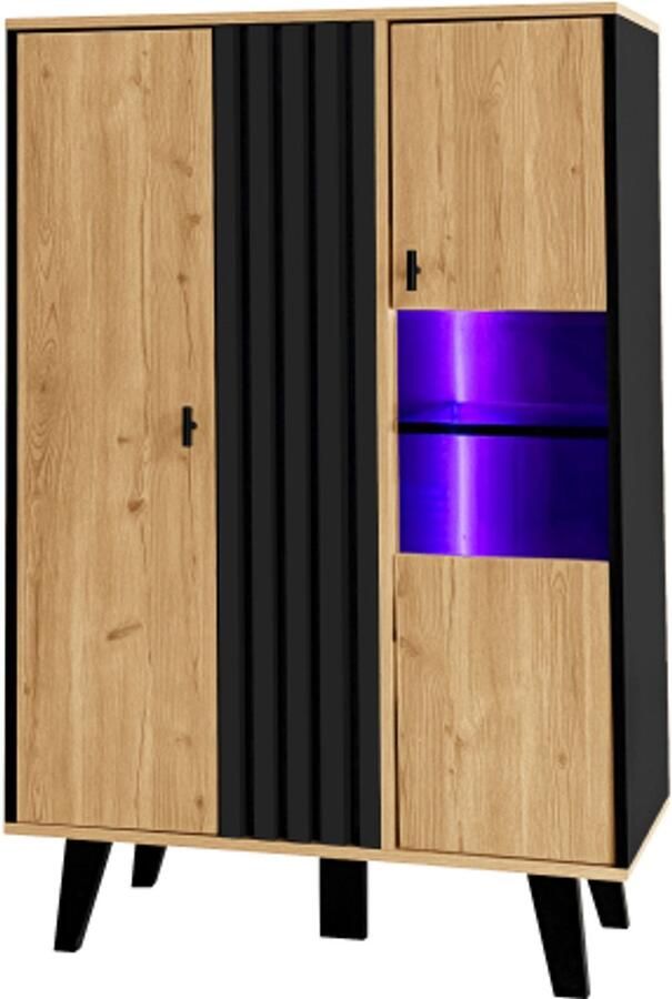 GOTAGEE Zijkasten dressoirs vitrinekasten met glas en LED-verlichting. een combinatie van zwart en houtkleuren zwart houtstreepontwerp