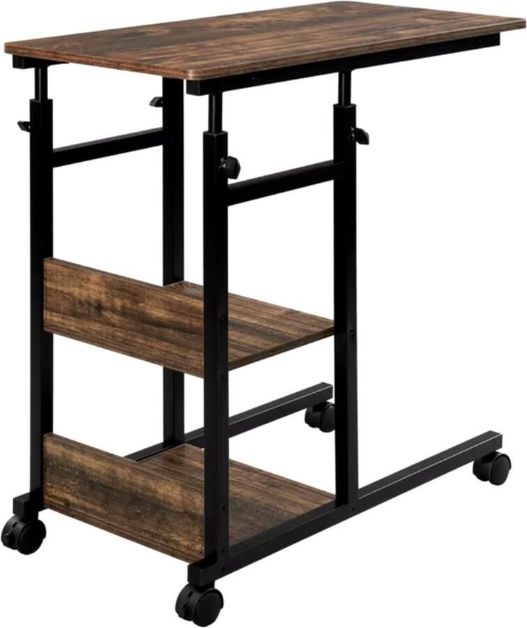 Zijtafel Bijzettafel Sidetable Tafel over bed Tafel over bank Eindtafel Hoogte verstelbaar Met wielen Donker hout Zwart metaal