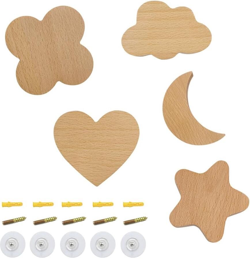 Zillary 5-pack houten kapstokhaken decoratieve klevende haken van hout houten wandhaken van natuurlijk hout voor keuken en slaapkamer zelfklevend multifunctioneel met schroeven