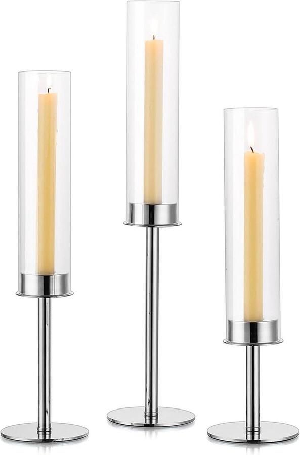Zilveren Kandelaar Houders Voor Bruiloft 48 42 36cm 3pcs Lange Taper Kaarsenhouder Decoratieve Kandelaars Houder Met Verwisselbare Glazen Kaarsenstandaard Kerst Tafel Middenstuk
