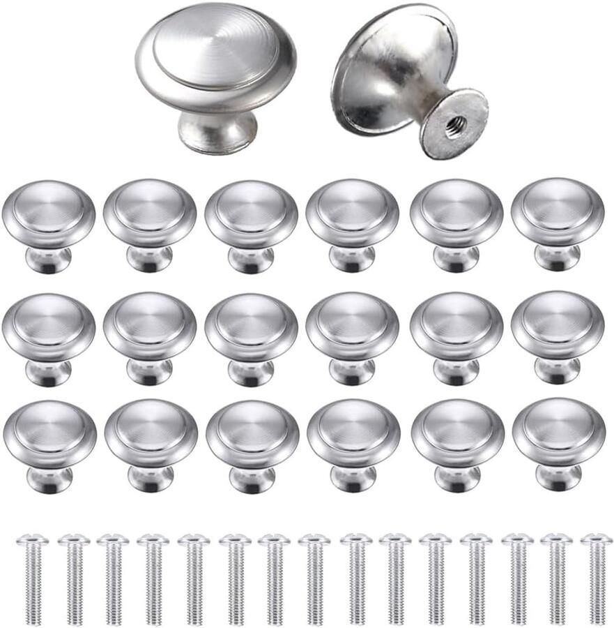 Allecto Plus Set van 30 zilveren ladeknoppen voor kasten kantoor en meer met schroeven