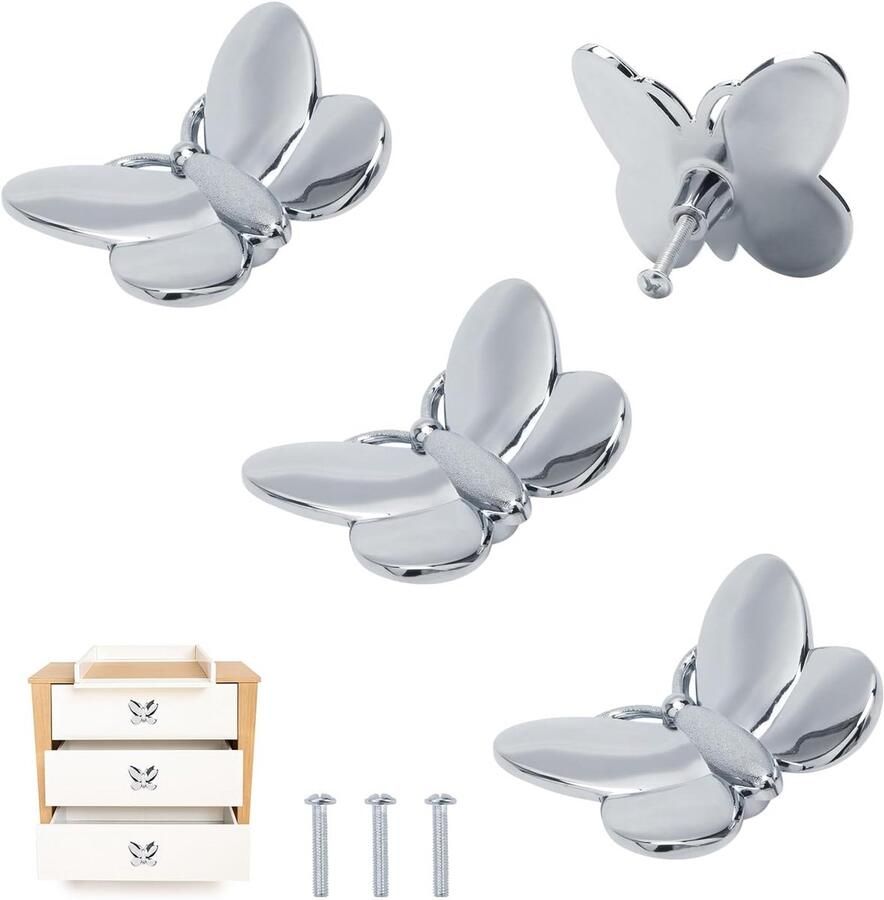 Zilveren vlinder ladeknop kast keukenbeslag schattige dieren kaptafel knop meubel kastgreep enkel gat kastgreep 4 stuks (zilver)