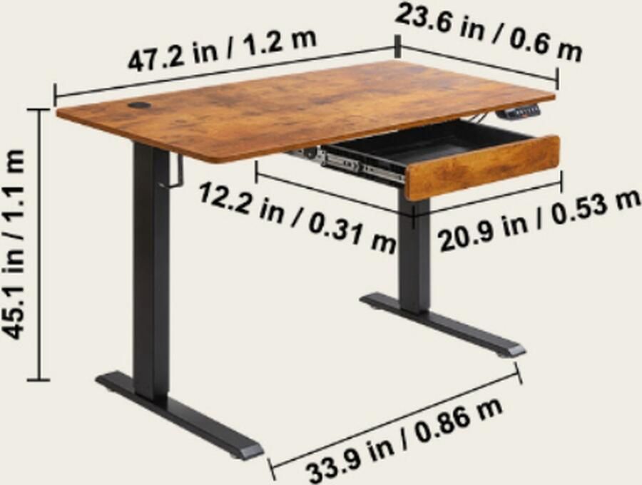 BBV Zit Sta Bureau Elektrisch Bureau Elektrisch Verstelbaar Bureau 140 x 70 cm Bruin Zwart Met lade