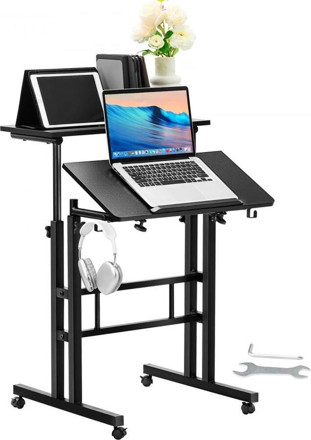 Zit Sta Bureau Zit Sta bureau Verstelbaar bureau Home office 4x360 ° rotatie wielen met rem Desktop 60cm x 60cm In hoogte verstelbaar bureau Zwart