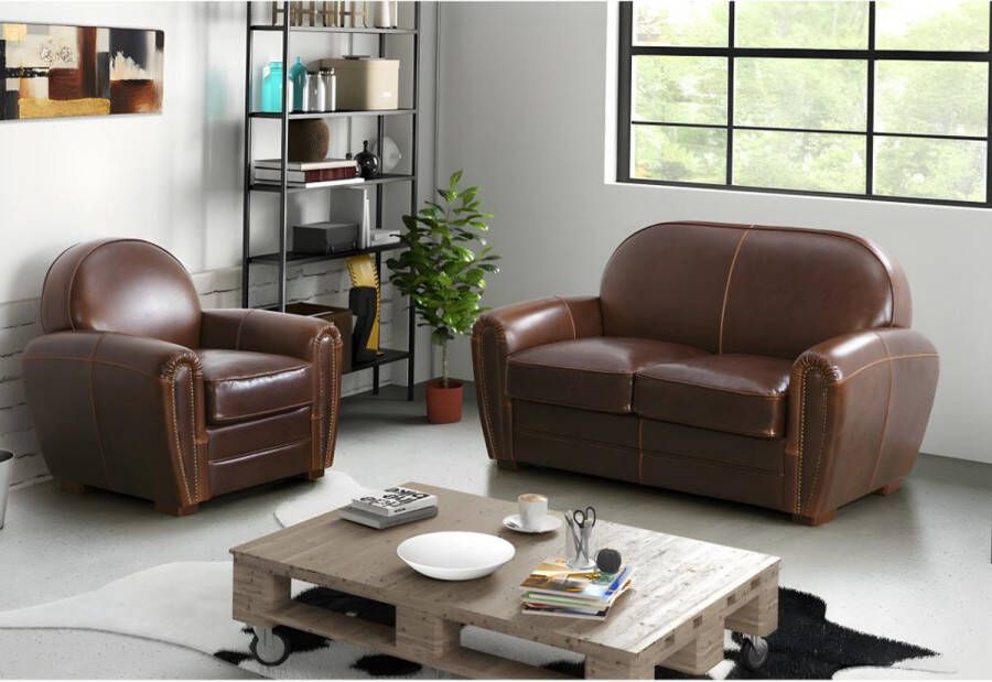 Vente-unique Zitbank en club fauteuil BAUDOIN van leer met lived-in aspect Bruin L 150 cm x H 85 cm x D 84 cm - Foto 2