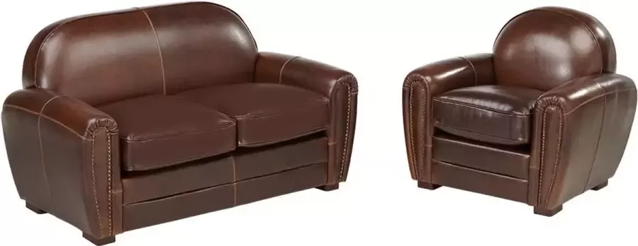 Vente-unique Zitbank en club fauteuil BAUDOIN van leer met lived-in aspect Bruin L 150 cm x H 85 cm x D 84 cm - Foto 3
